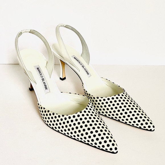 NWT: MANOLO BLAHNIK | White with Black Polkadots Carolyne Kitten-Heel Pumps - Picture 3 of 11